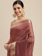 Saree Mall Mauve & Gold Solid Linen Blend Taant Saree | Grocsy
