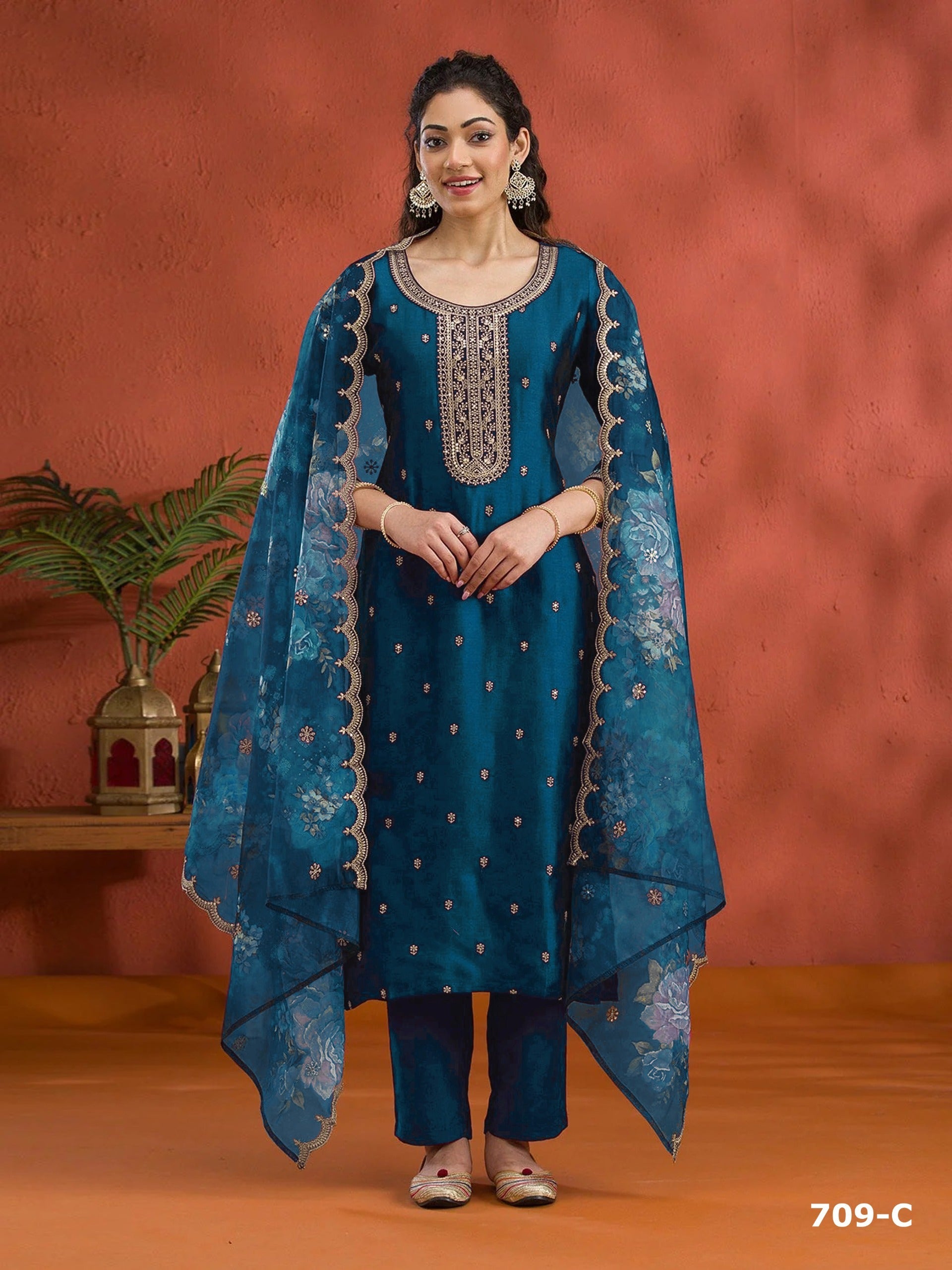 Anaita Teal Blue Silk Embroidered Viscose Thread Zari Work Salwar Suit | Grocsy