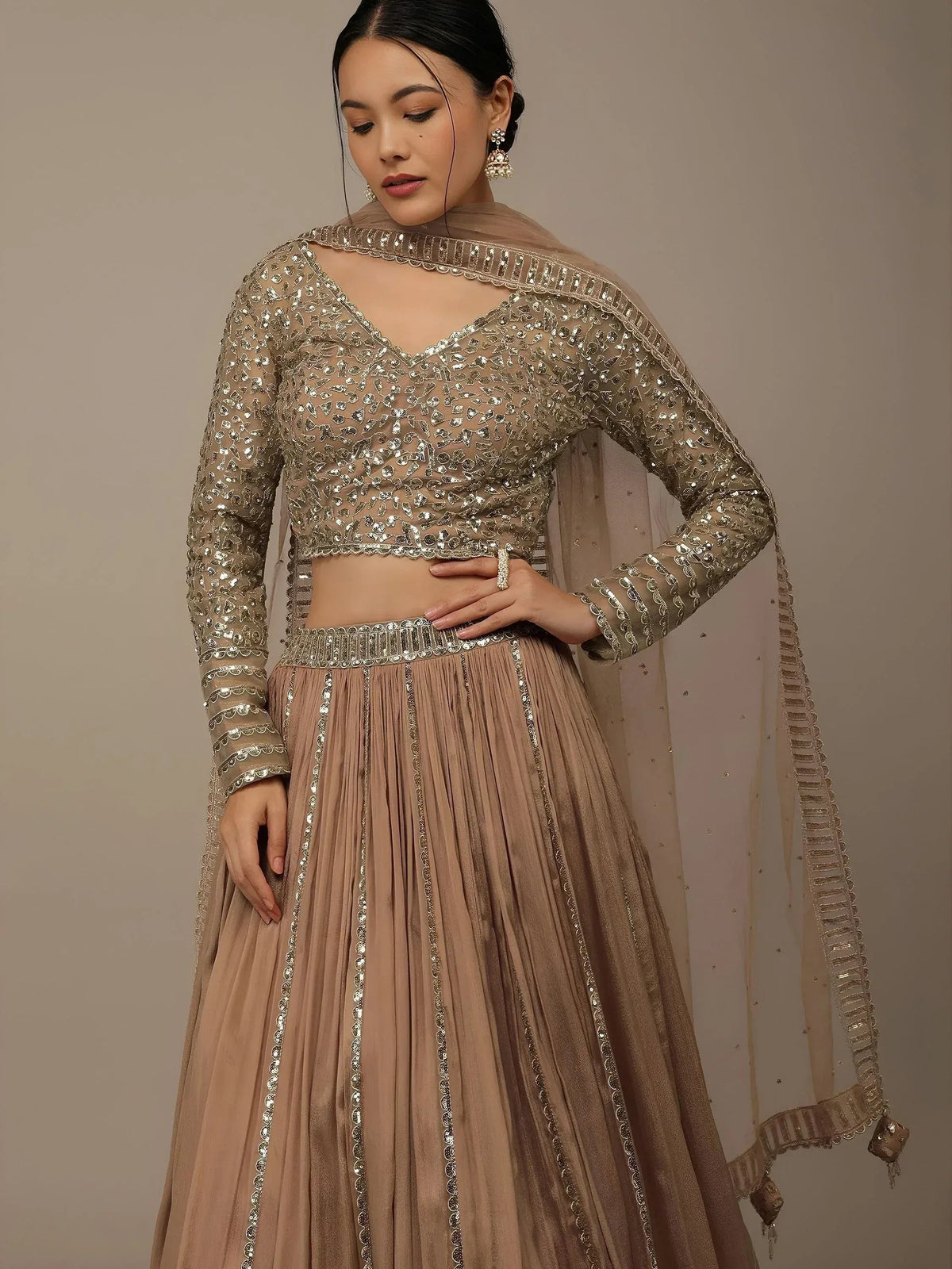 Tulsi Art Gorgeous Beige Sequins Georgette Party Wear Lehenga Choli | Grocsy