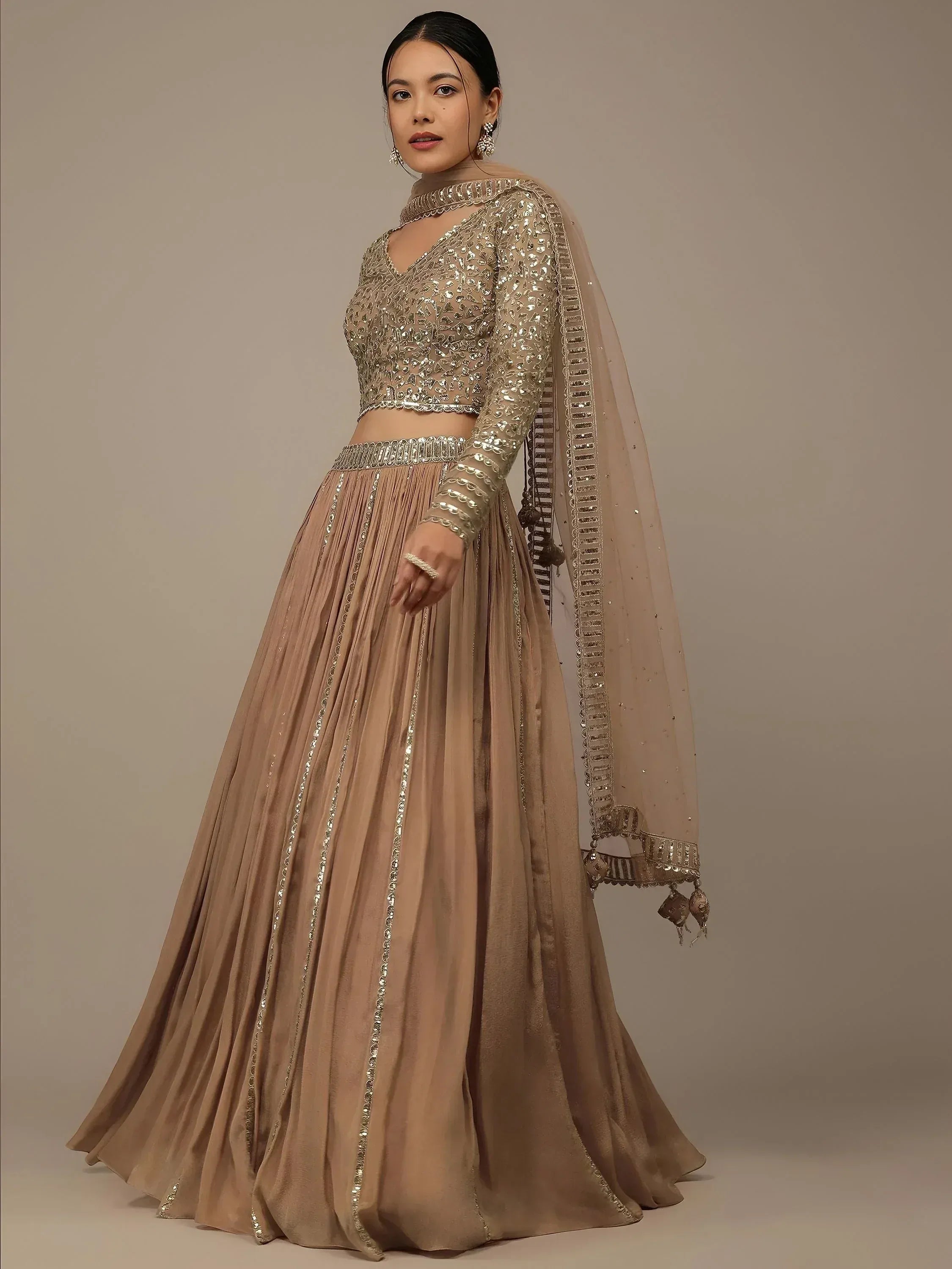 Tulsi Art Gorgeous Beige Sequins Georgette Party Wear Lehenga Choli | Grocsy