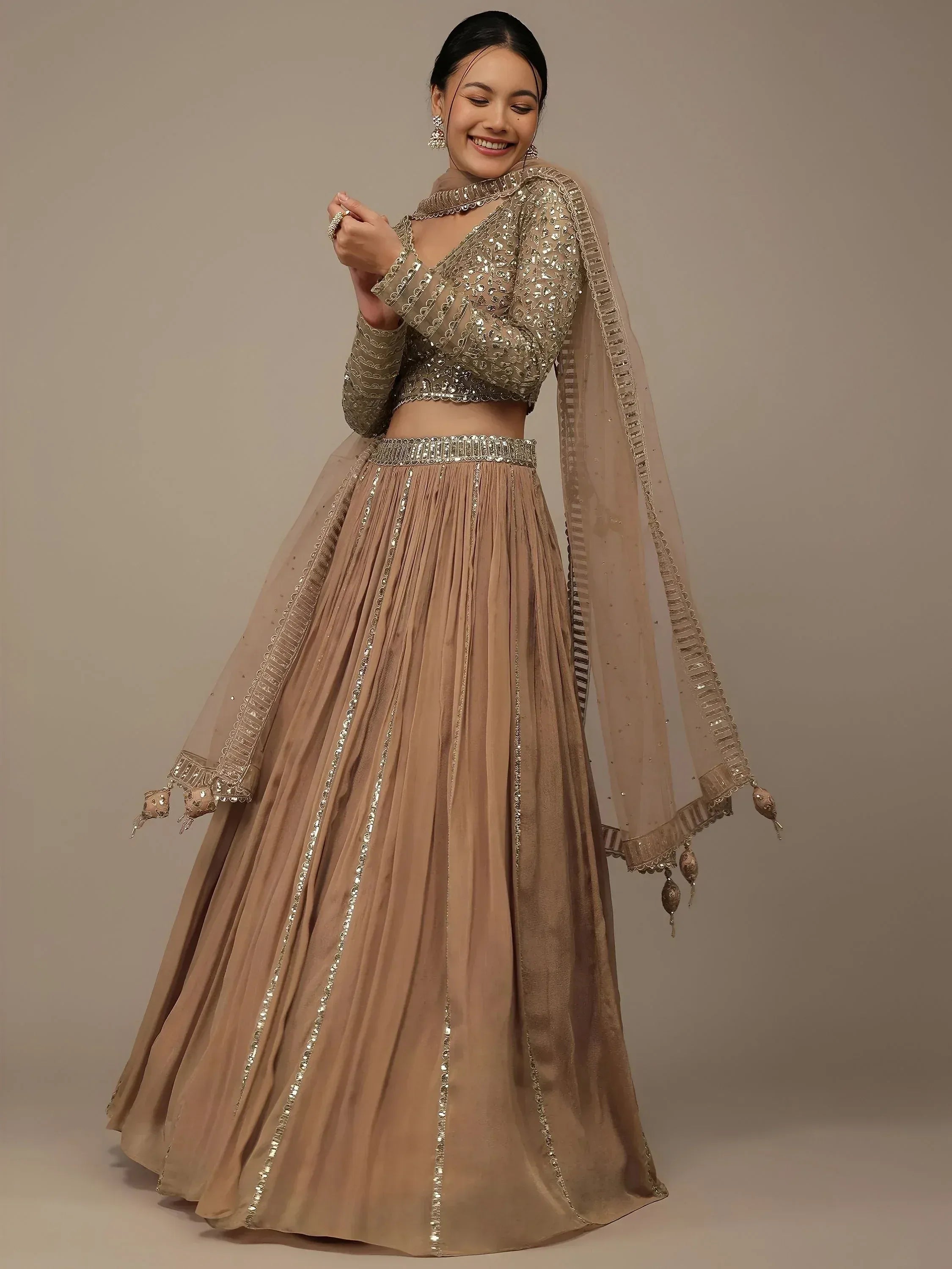 Tulsi Art Gorgeous Beige Sequins Georgette Party Wear Lehenga Choli | Grocsy