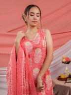 Yufta Pink Cotton Floral Print Cotton A-Line Kurta Dupatta Set | Grocsy