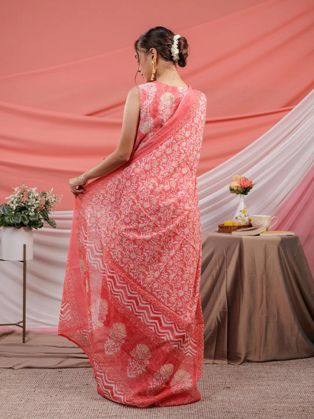 Yufta Pink Cotton Floral Print Cotton A-Line Kurta Dupatta Set | Grocsy