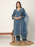 Yufta Blue Roman Silk Zari-Work On Yoke Straight Kurta Dupatta Set | Grocsy