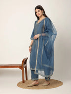 Yufta Blue Roman Silk Zari-Work On Yoke Straight Kurta Dupatta Set | Grocsy