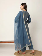 Yufta Blue Roman Silk Zari-Work On Yoke Straight Kurta Dupatta Set | Grocsy