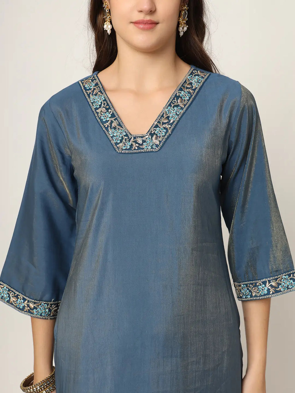 Yufta Blue Roman Silk Zari-Work On Yoke Straight Kurta Dupatta Set | Grocsy