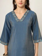 Yufta Blue Roman Silk Zari-Work On Yoke Straight Kurta Dupatta Set | Grocsy