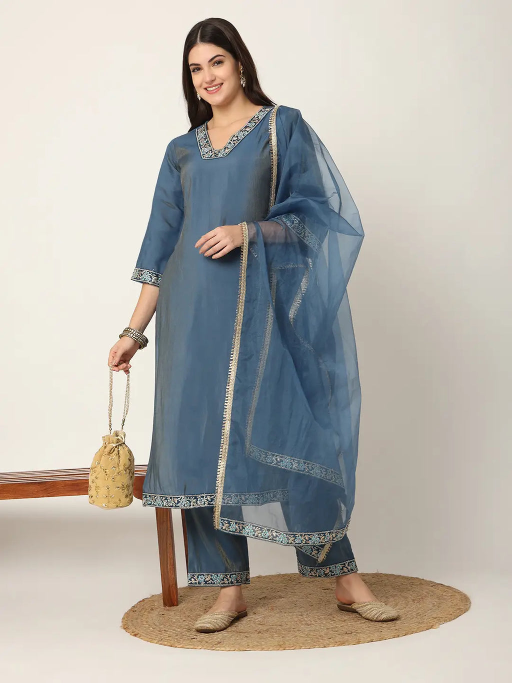 Yufta Blue Roman Silk Zari-Work On Yoke Straight Kurta Dupatta Set | Grocsy