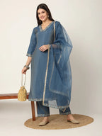 Yufta Blue Roman Silk Zari-Work On Yoke Straight Kurta Dupatta Set | Grocsy