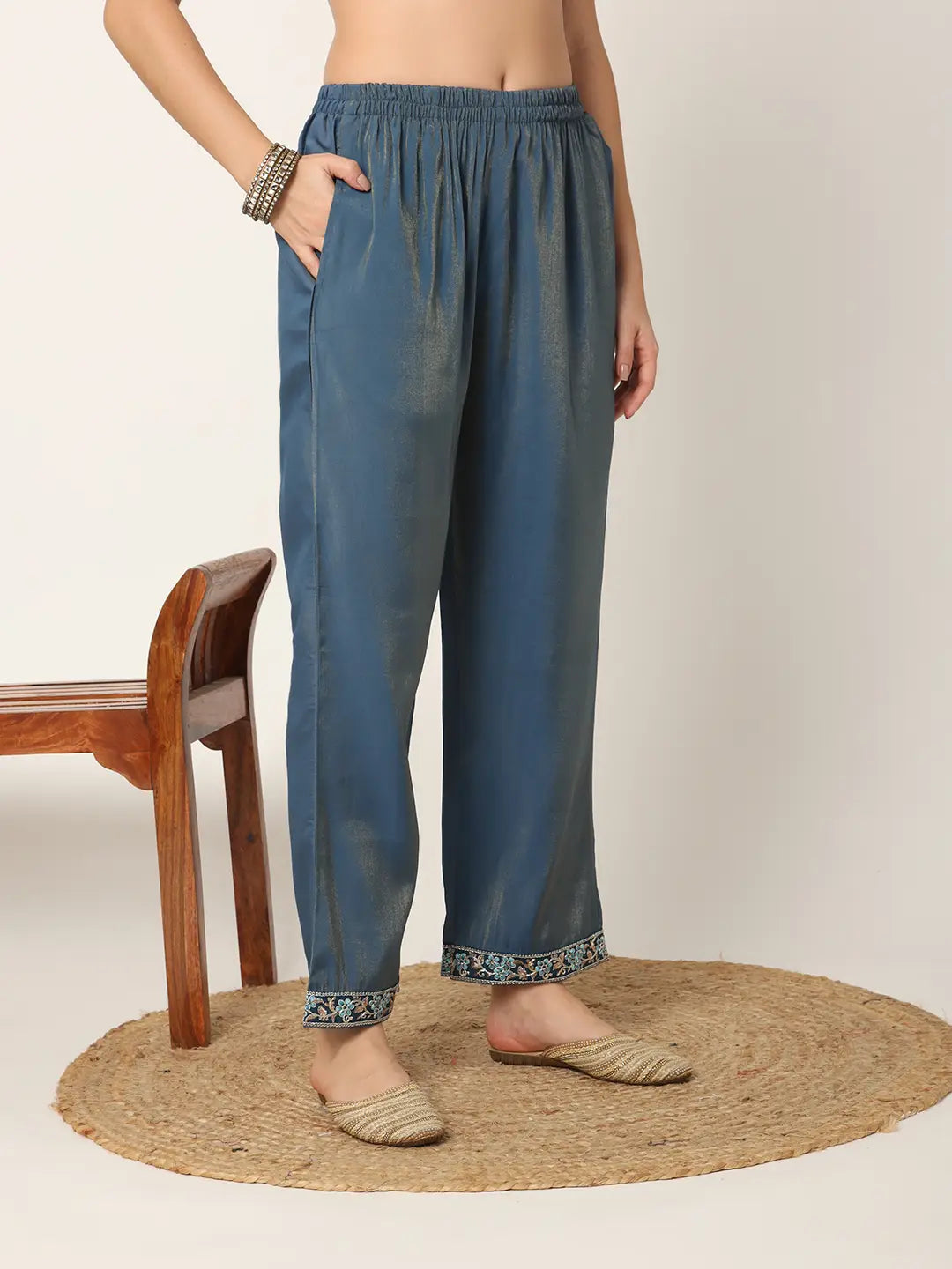 Yufta Blue Roman Silk Zari-Work On Yoke Straight Kurta Dupatta Set | Grocsy