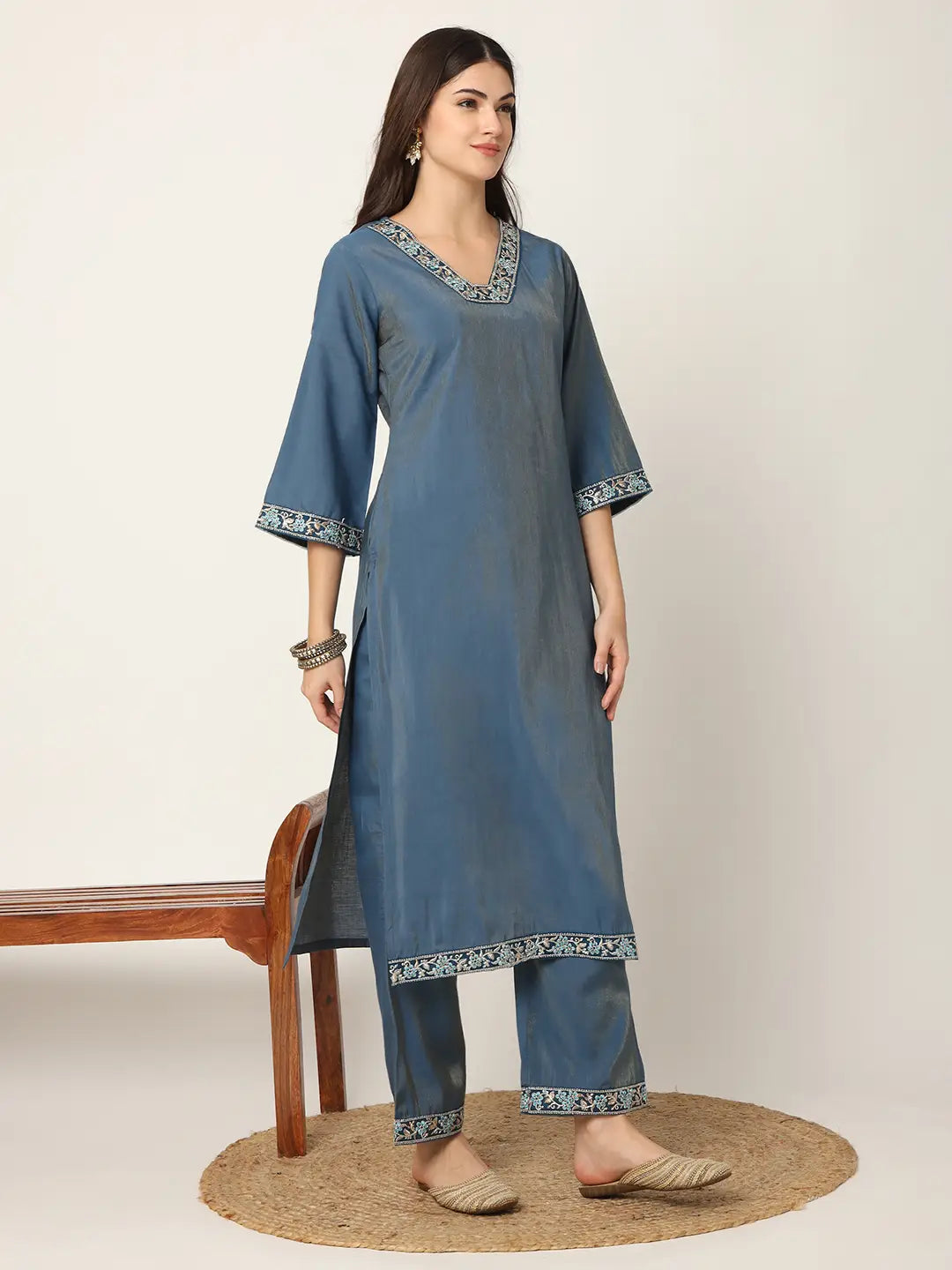 Yufta Blue Roman Silk Zari-Work On Yoke Straight Kurta Dupatta Set | Grocsy