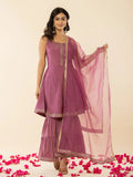 Yufta Purple Shoulder Straps Neck Sleeveless Regular Thread Work Kurta With Sharara With Dupatta Set | Grocsy