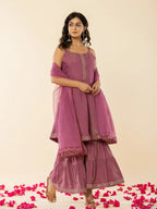Yufta Purple Shoulder Straps Neck Sleeveless Regular Thread Work Kurta With Sharara With Dupatta Set | Grocsy