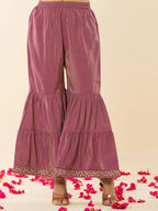 Yufta Purple Shoulder Straps Neck Sleeveless Regular Thread Work Kurta With Sharara With Dupatta Set | Grocsy