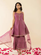 Yufta Purple Shoulder Straps Neck Sleeveless Regular Thread Work Kurta With Sharara With Dupatta Set | Grocsy