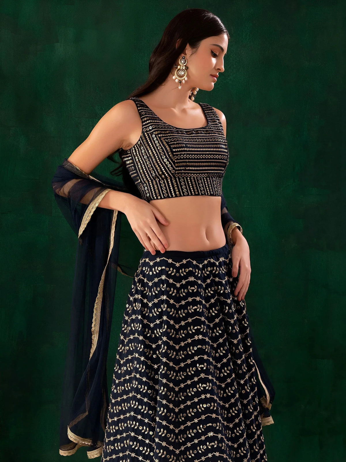Tulsi Art Charming Navy Blue Sequins Georgette Party Wear Lehenga Choli | Grocsy