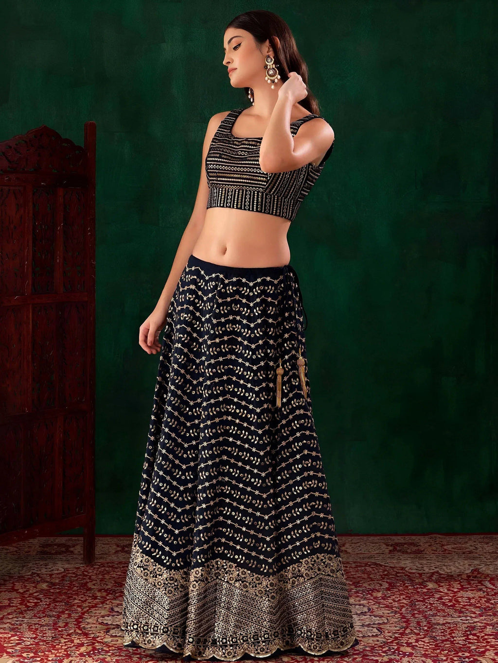Tulsi Art Charming Navy Blue Sequins Georgette Party Wear Lehenga Choli | Grocsy
