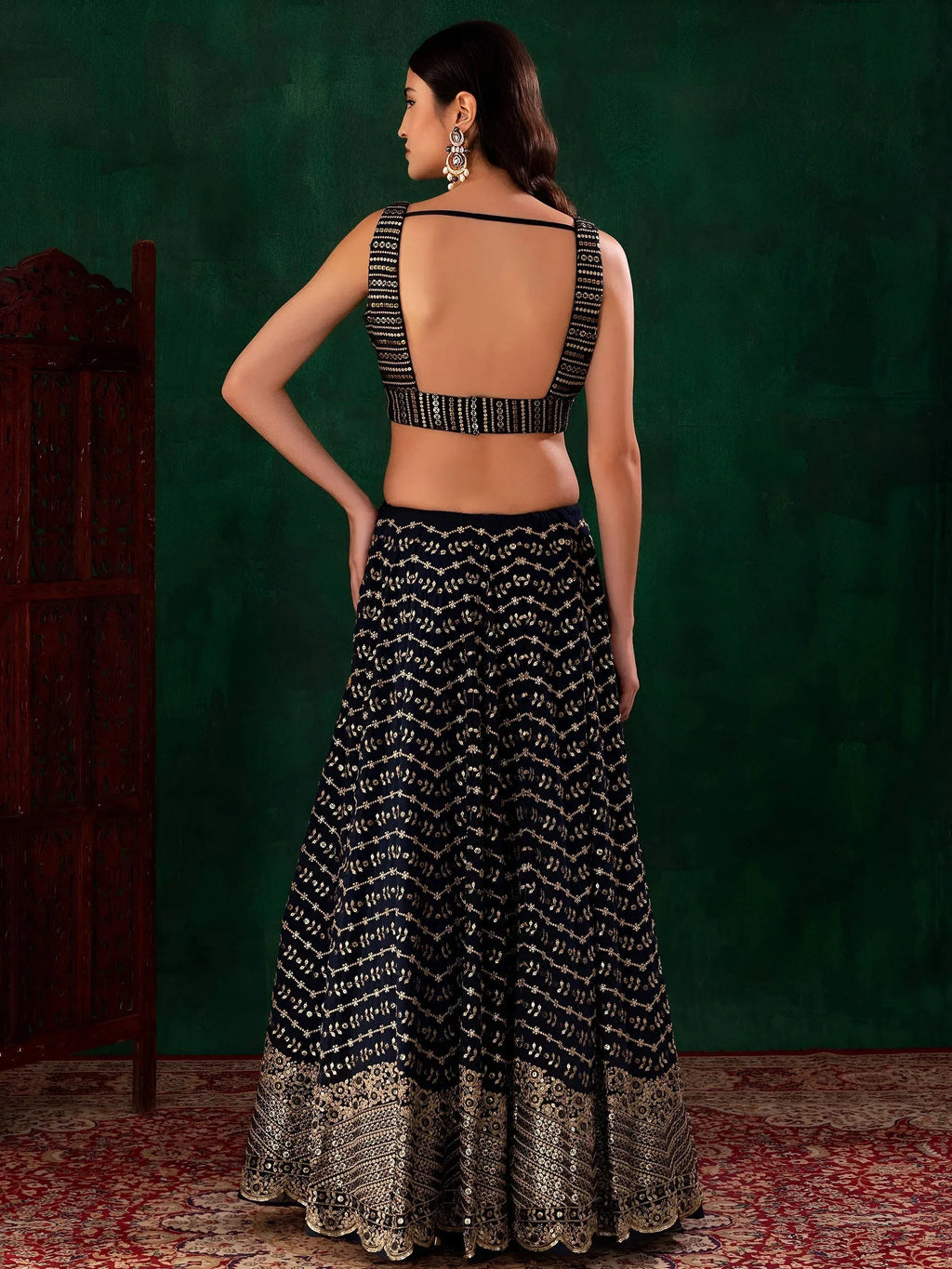 Tulsi Art Charming Navy Blue Sequins Georgette Party Wear Lehenga Choli | Grocsy