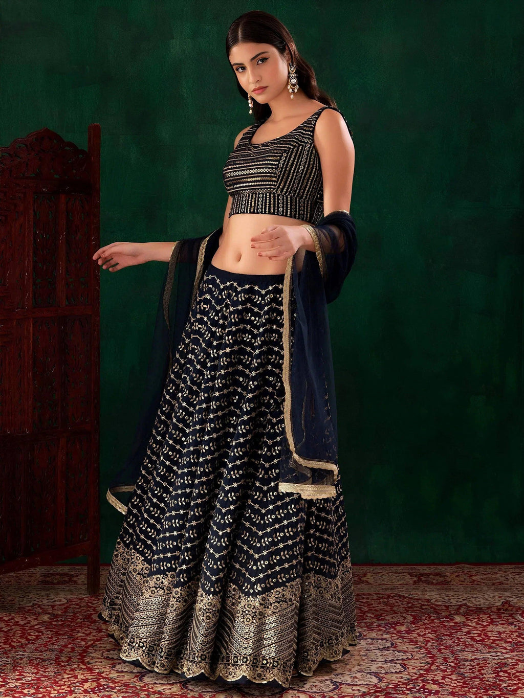 Tulsi Art Charming Navy Blue Sequins Georgette Party Wear Lehenga Choli | Grocsy