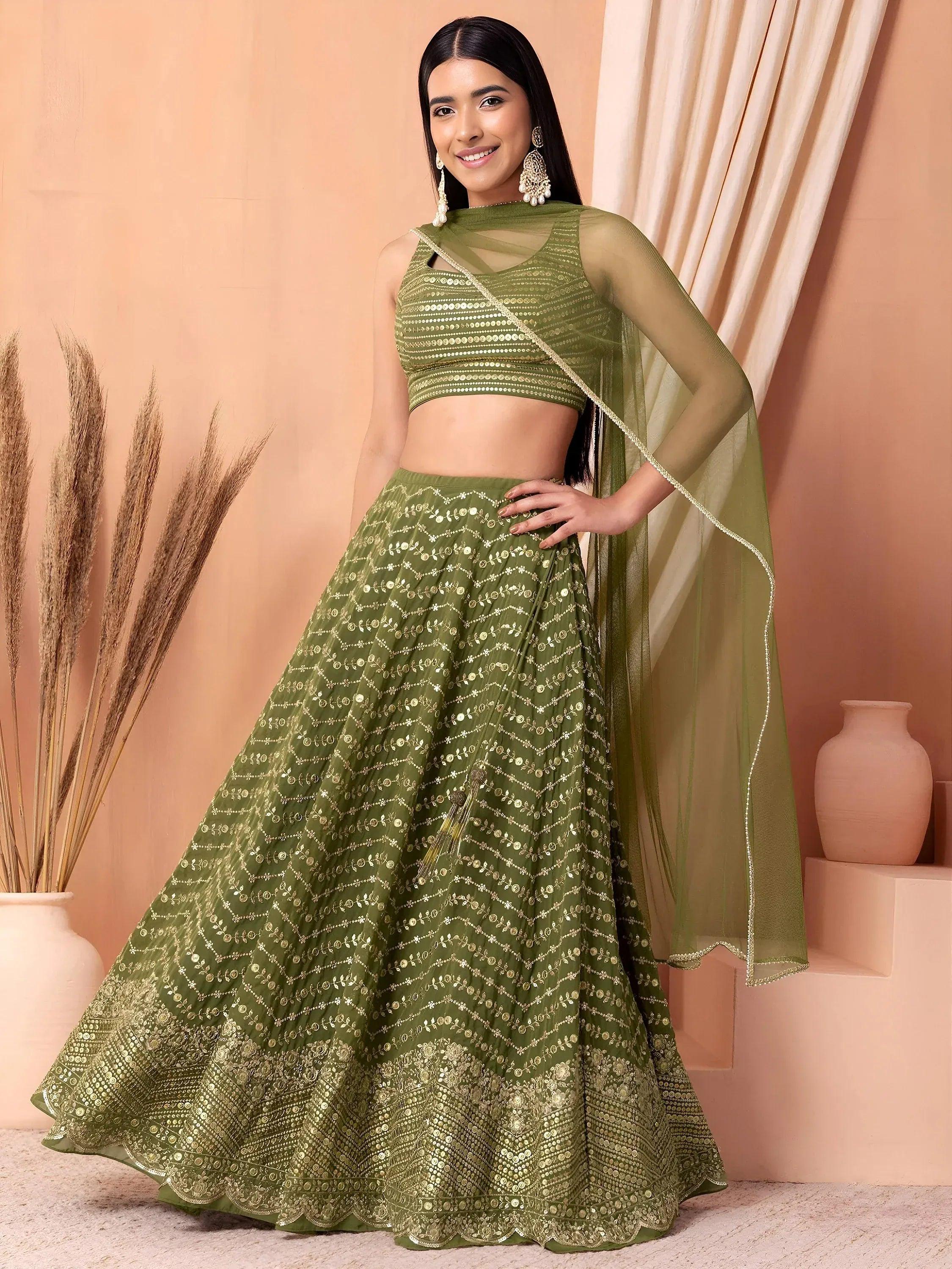 Tulsi Art Stunning Green Zari Embroidered Georgette Mehendi Wear Lehenga Choli | Grocsy