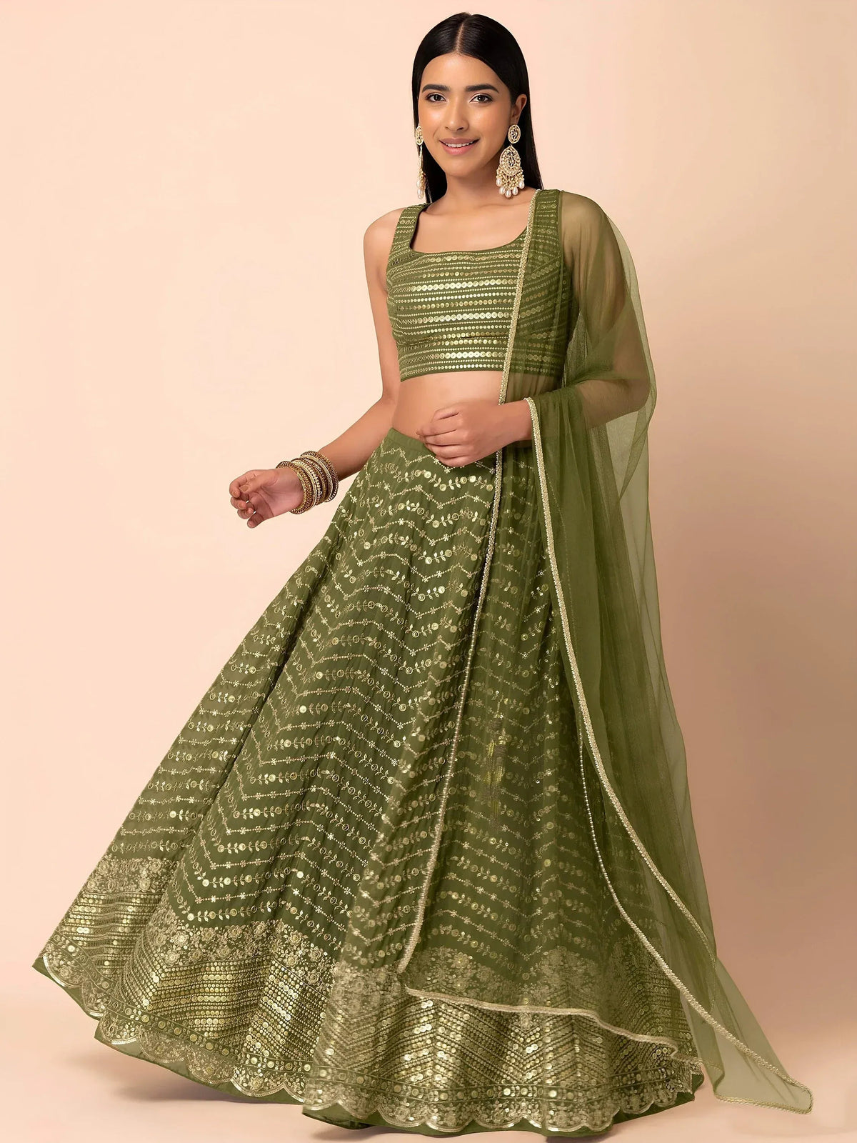 Tulsi Art Stunning Green Zari Embroidered Georgette Mehendi Wear Lehenga Choli | Grocsy