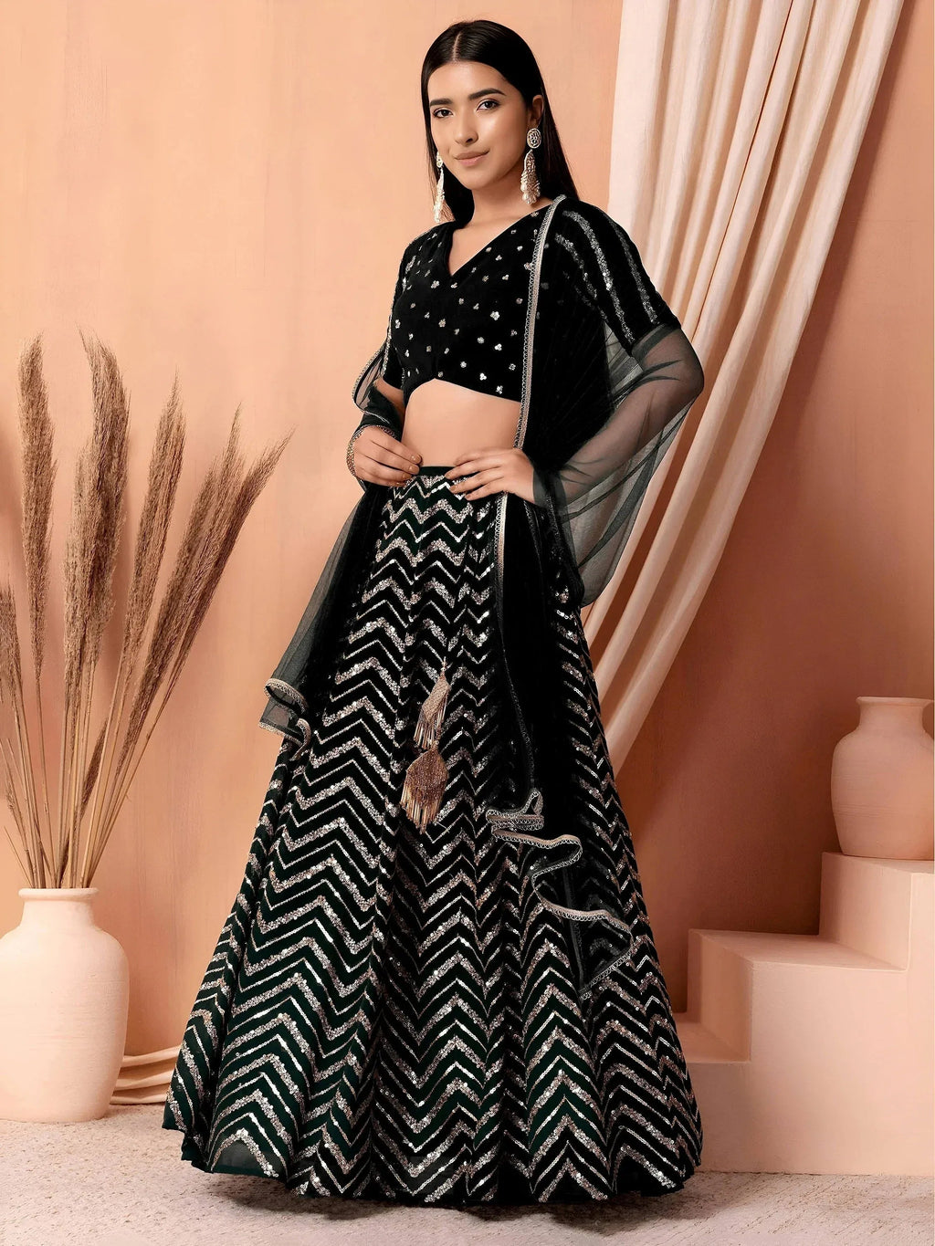 Tulsi Art Lovely Black Zari Embroidered Georgette Reception Wear Lehenga Choli | Grocsy