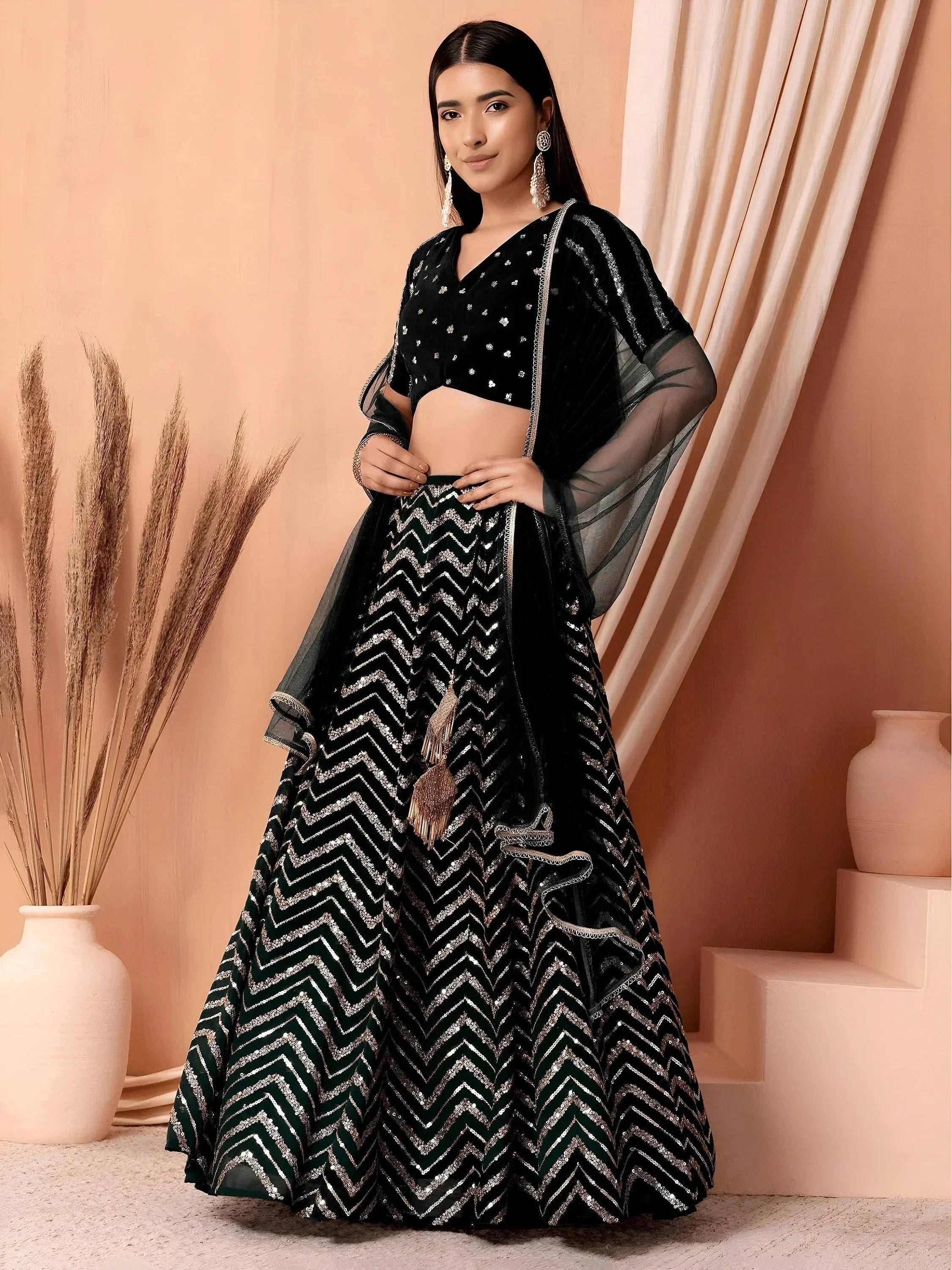 Tulsi Art Lovely Black Zari Embroidered Georgette Reception Wear Lehenga Choli | Grocsy