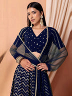 Tulsi Art Alluring Navy Blue Embroidered Georgette Lehenga Choli With Dupatta | Grocsy
