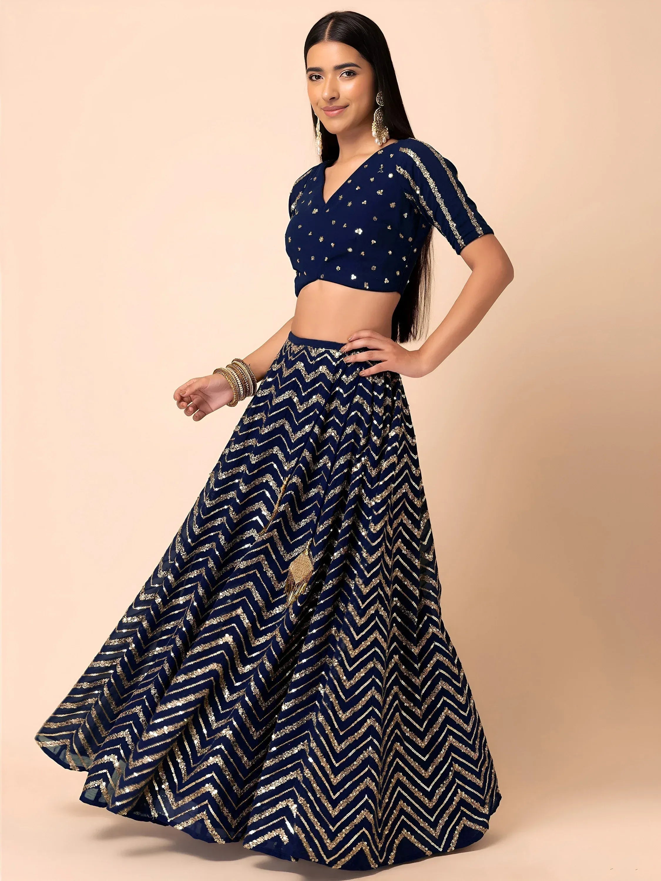 Tulsi Art Alluring Navy Blue Embroidered Georgette Lehenga Choli With Dupatta | Grocsy