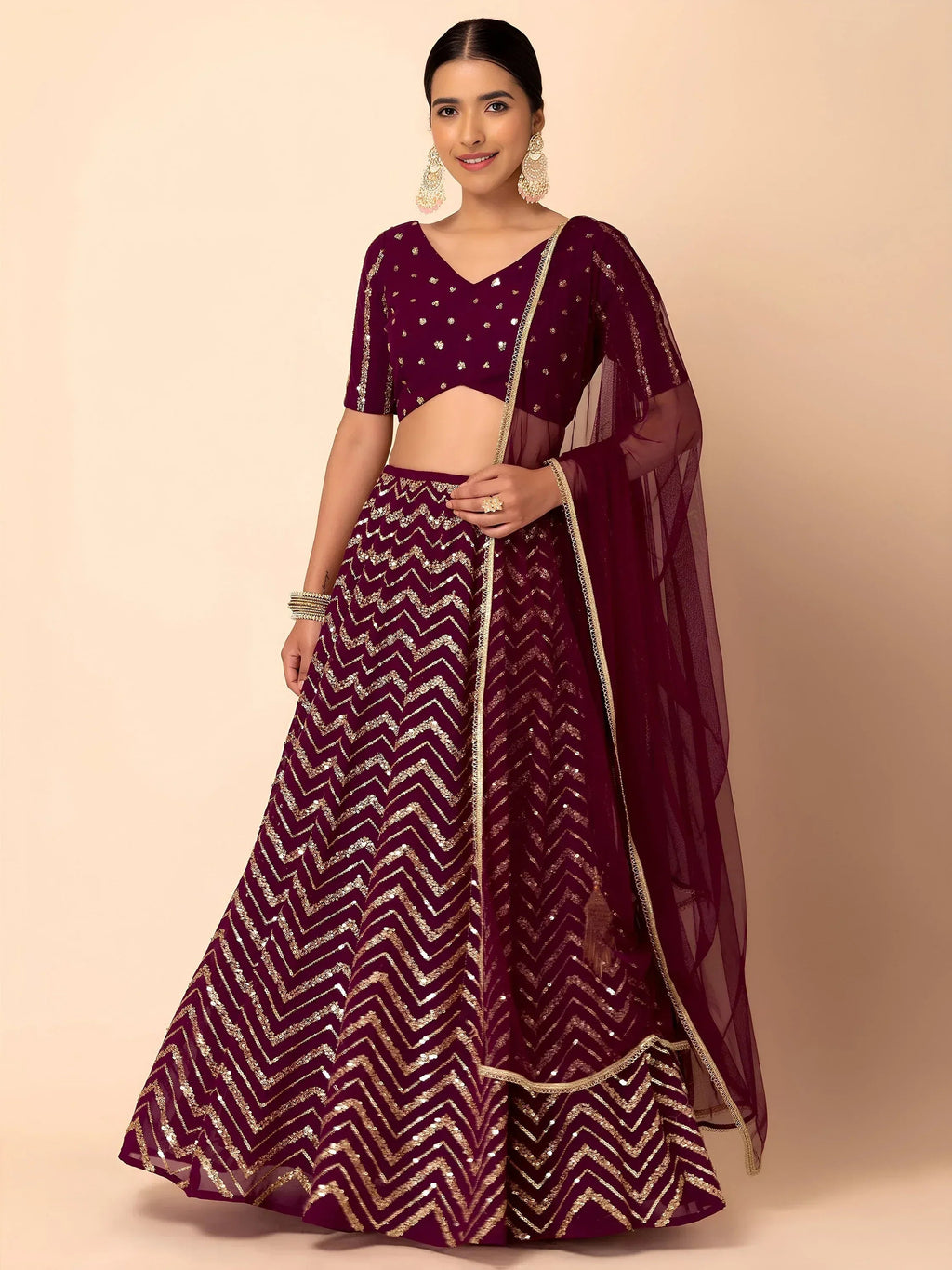 Tulsi Art Charming Maroon Zari Embroidered Georgette Wedding Lehenga Choli | Grocsy