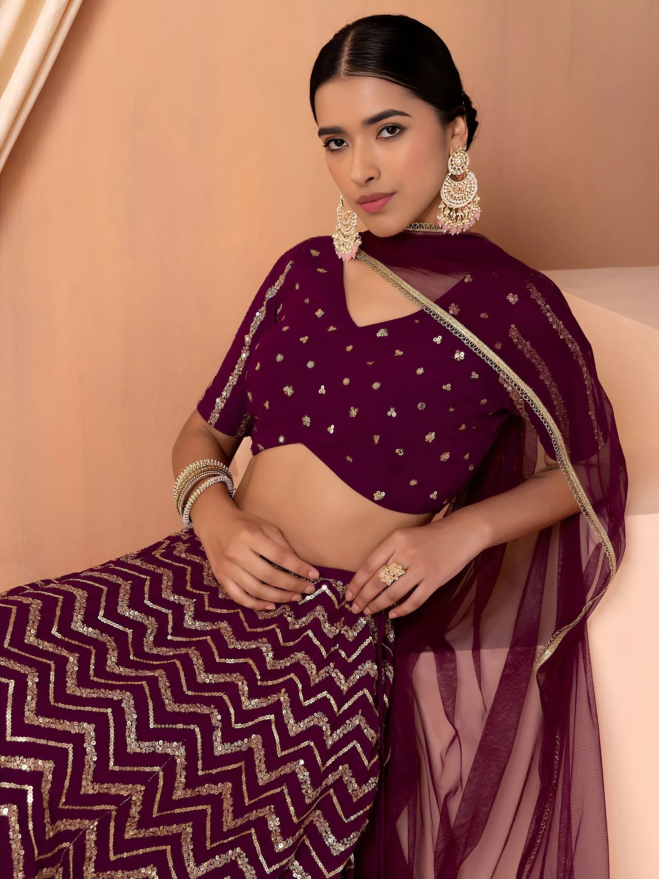 Tulsi Art Charming Maroon Zari Embroidered Georgette Wedding Lehenga Choli | Grocsy