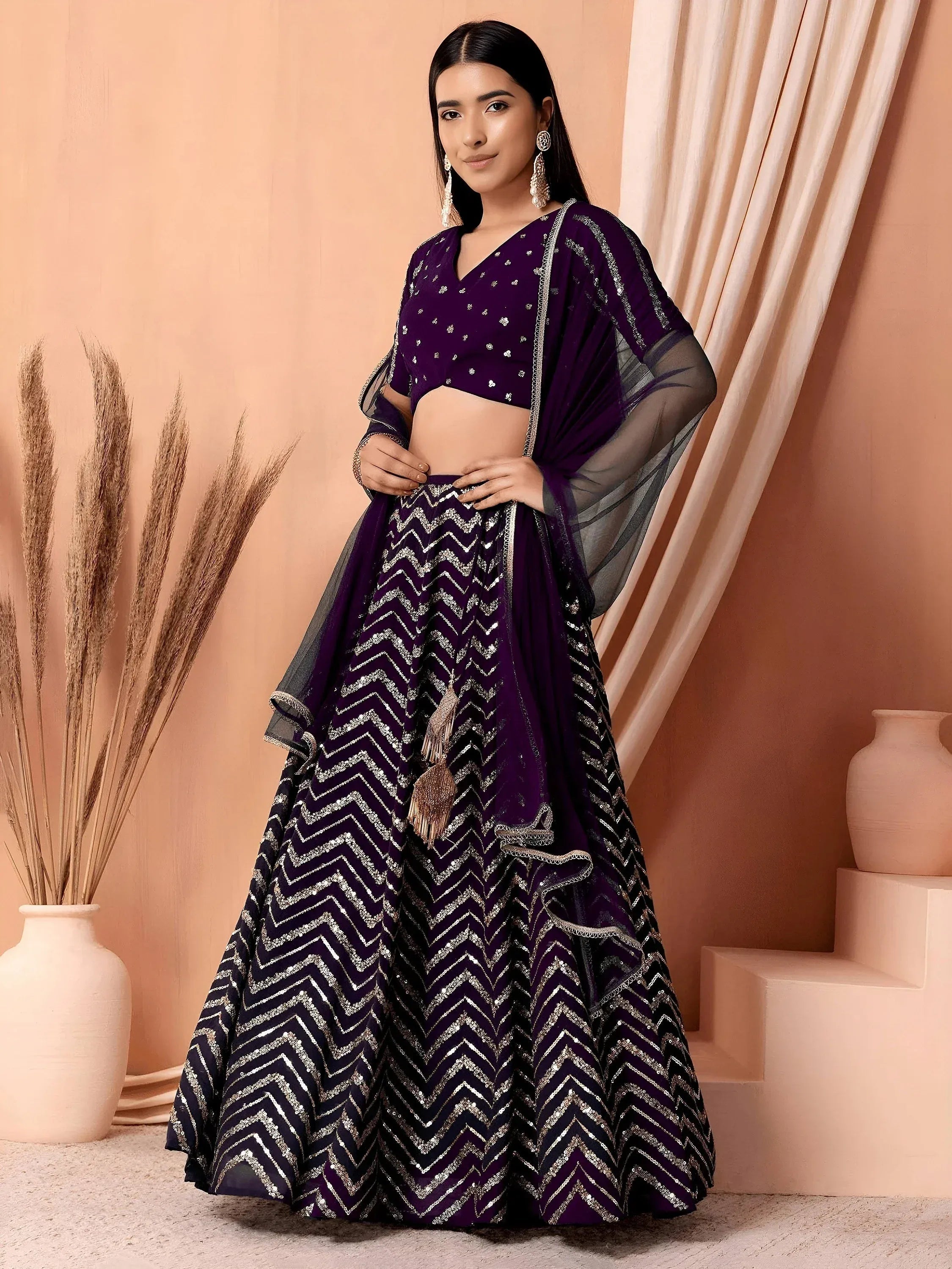 Tulsi Art Enchanting Purple Zari Embroidered Georgette Party Wear Lehenga Choli | Grocsy