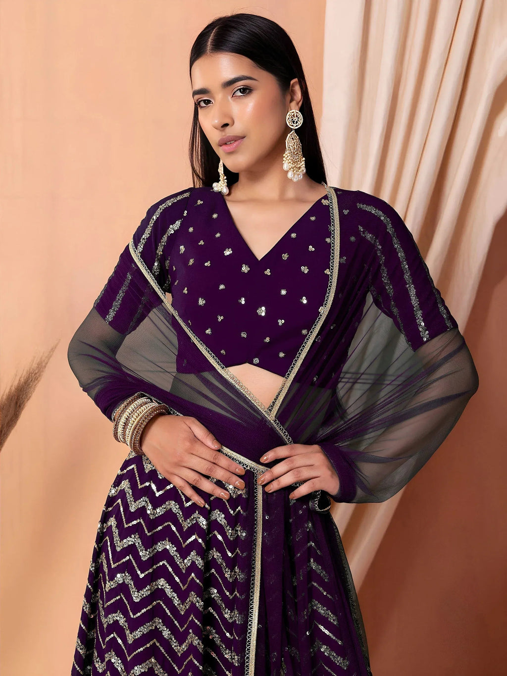 Tulsi Art Enchanting Purple Zari Embroidered Georgette Party Wear Lehenga Choli | Grocsy