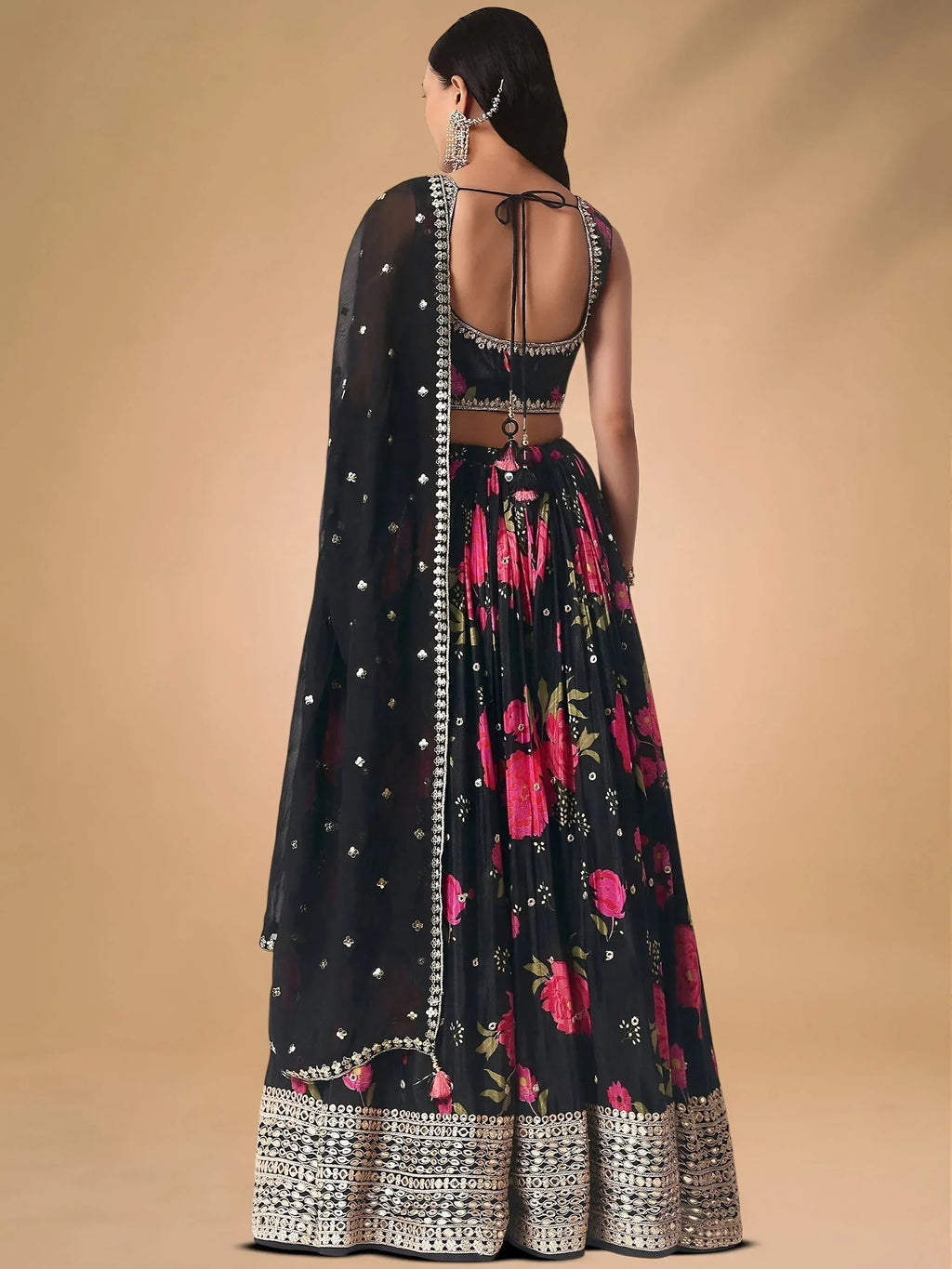 Tulsi Art Pretty Black Chinon Floral Printed Lehenga Choli | Grocsy