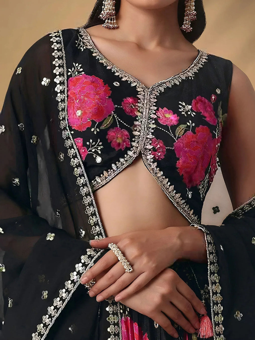 Tulsi Art Pretty Black Chinon Floral Printed Lehenga Choli | Grocsy