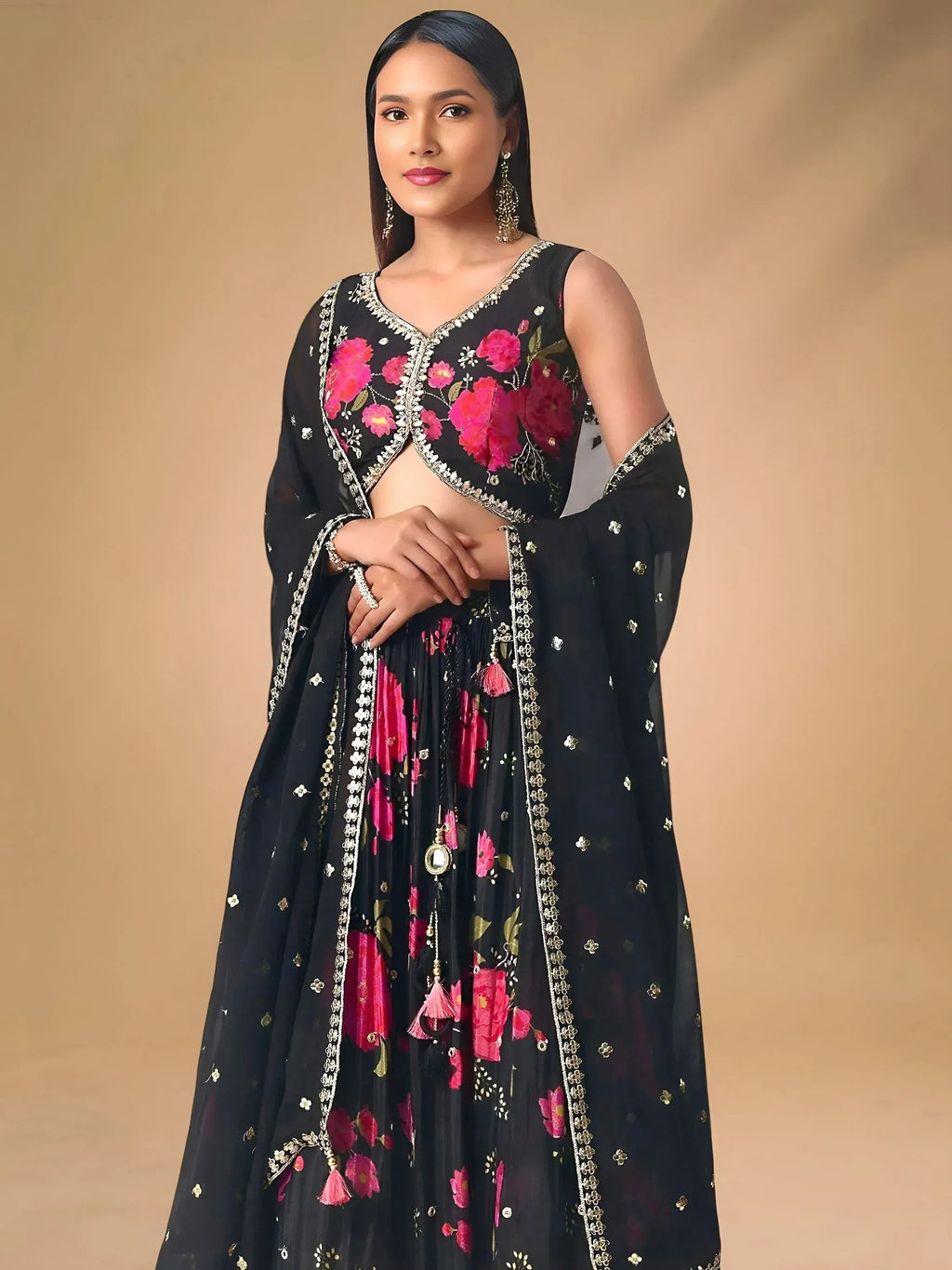 Tulsi Art Pretty Black Chinon Floral Printed Lehenga Choli | Grocsy