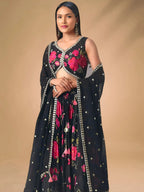 Tulsi Art Pretty Black Chinon Floral Printed Lehenga Choli | Grocsy