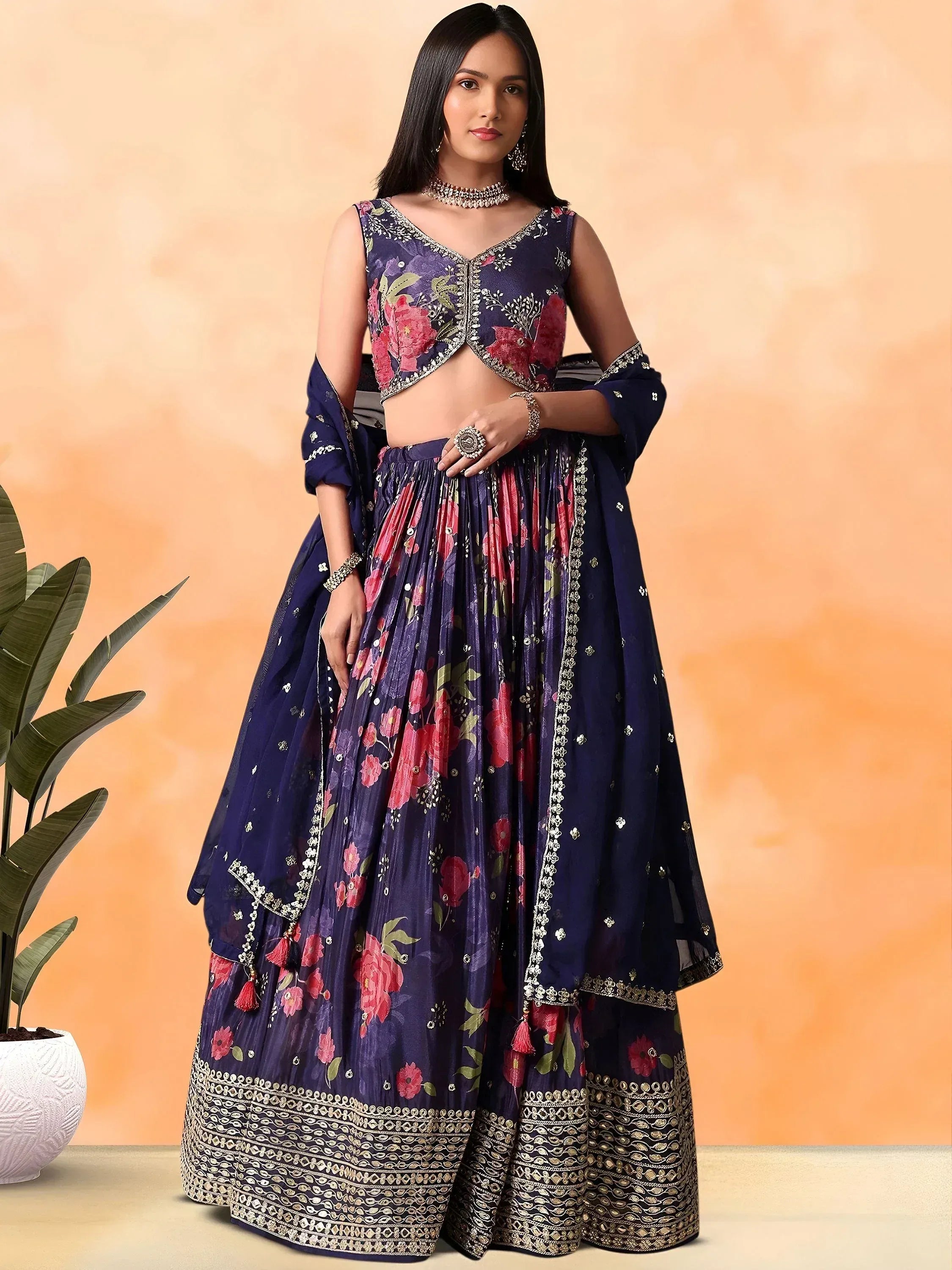 Tulsi Art Rich Purple Floral Printed Chinon Lehenga Choli With Dupatta | Grocsy