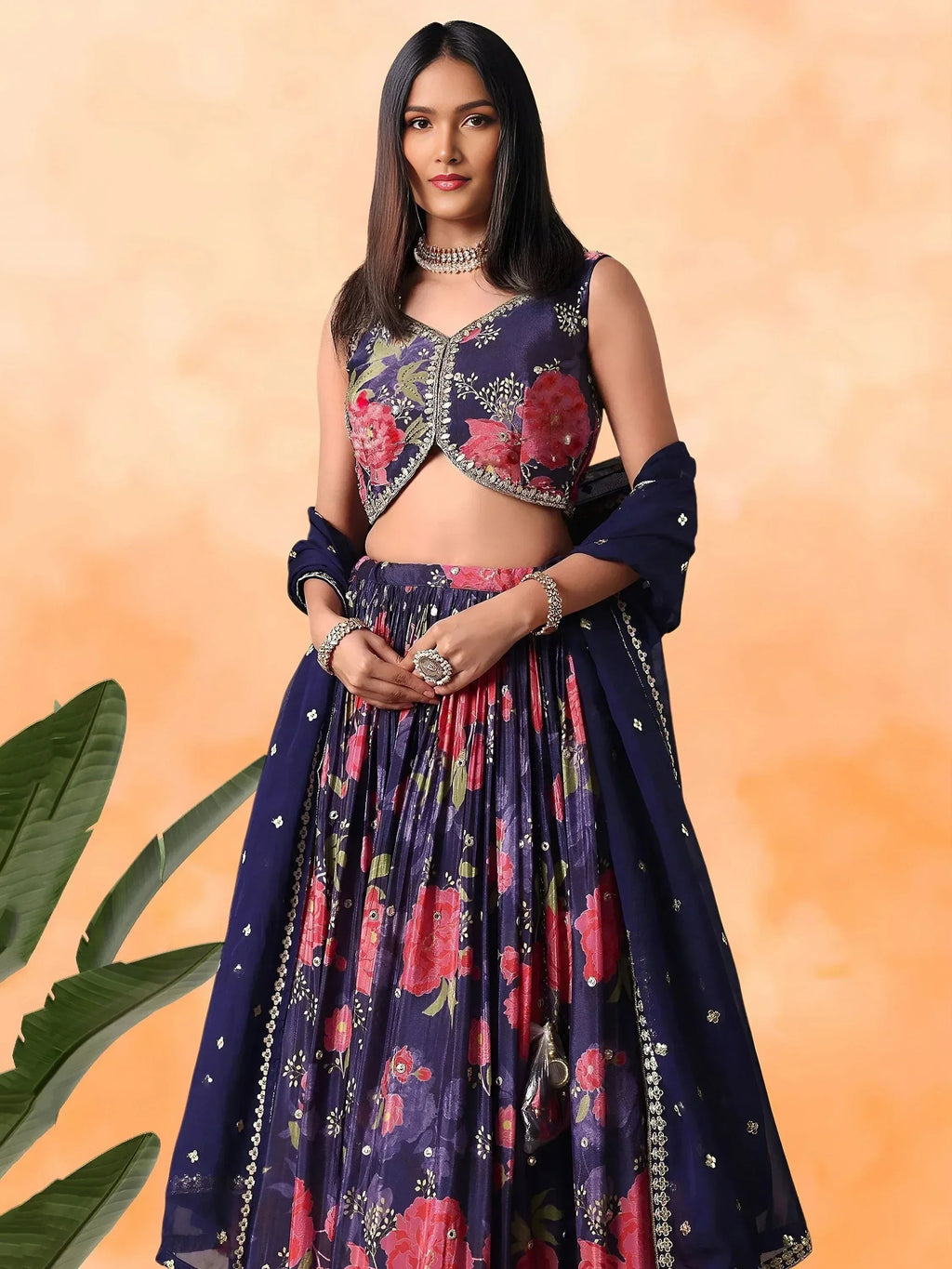 Tulsi Art Rich Purple Floral Printed Chinon Lehenga Choli With Dupatta | Grocsy