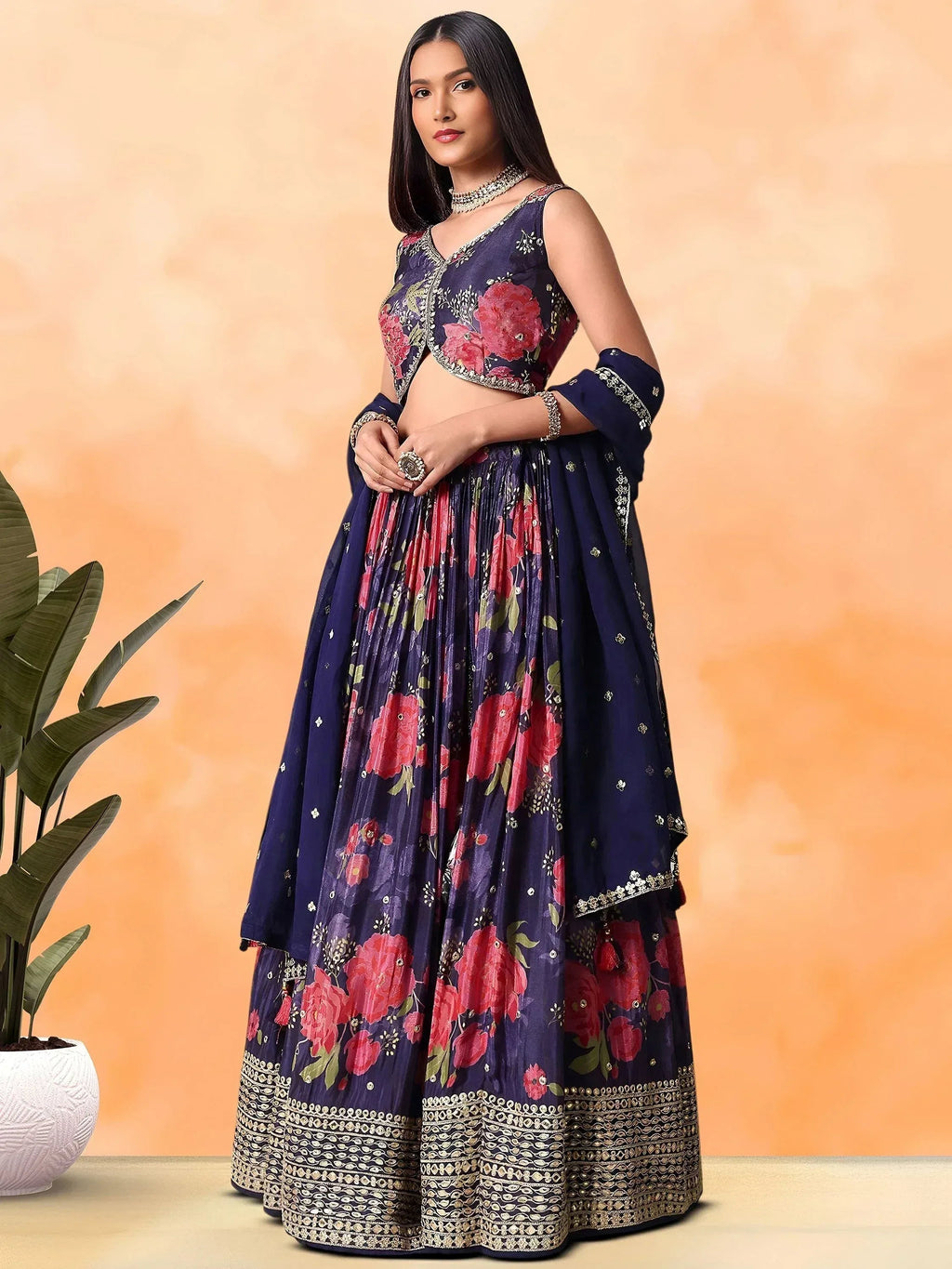 Tulsi Art Rich Purple Floral Printed Chinon Lehenga Choli With Dupatta | Grocsy