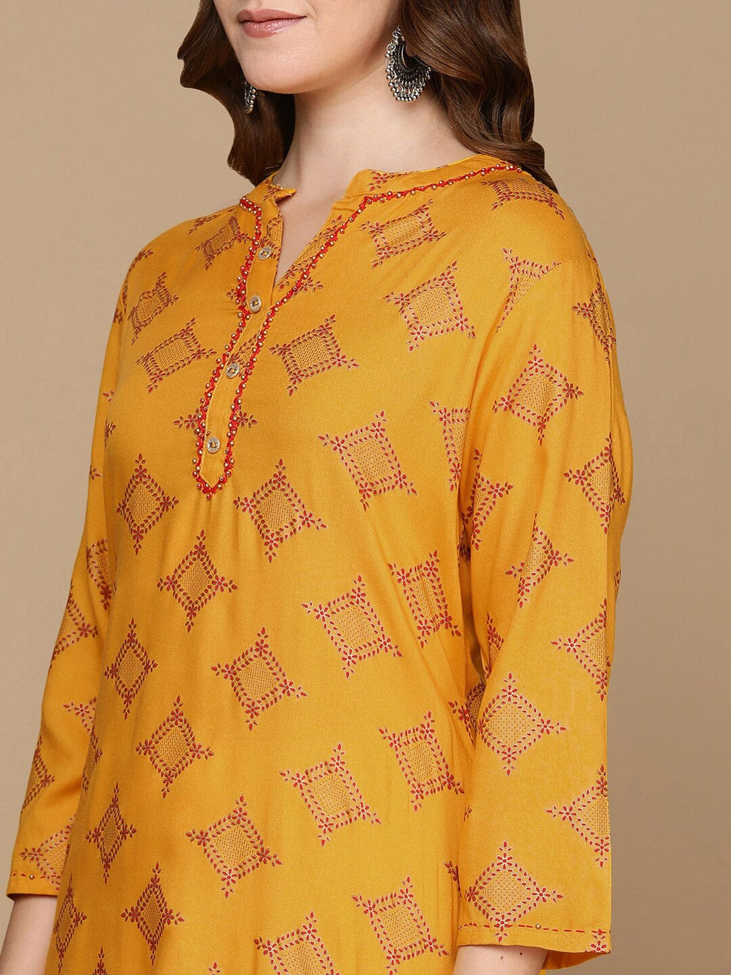 HERE&NOW Mustard Yellow & Red Ethnic Motifs Printed Kurta | Grocsy