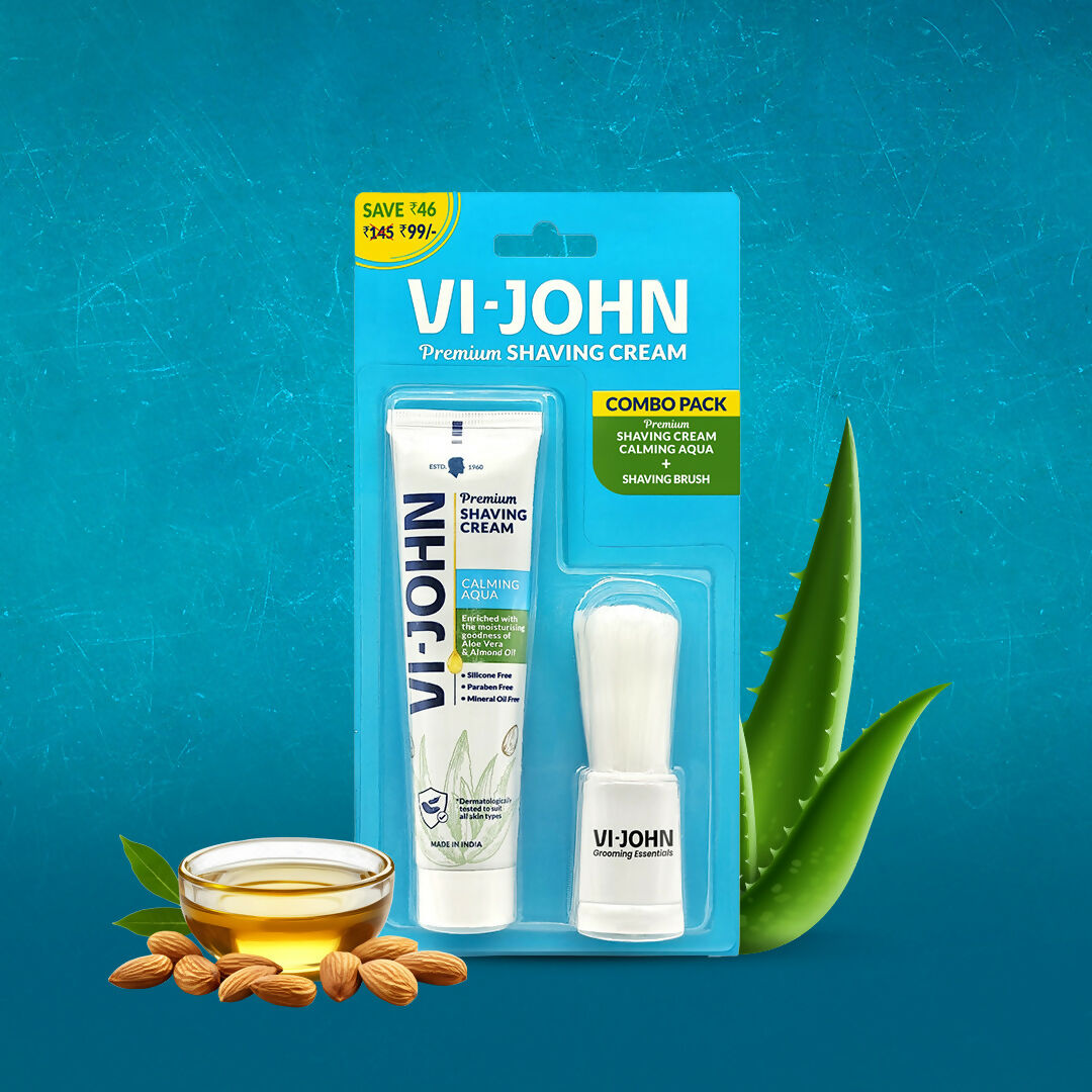 VI-JOHN Dermatologically Tested Premium Purifying Charcoal Shaving Cream With Shaving Brush Enriched with Aloevera & Jojoba Oil Free From Silicone, Paraben & Mineral Oil | Grocsy