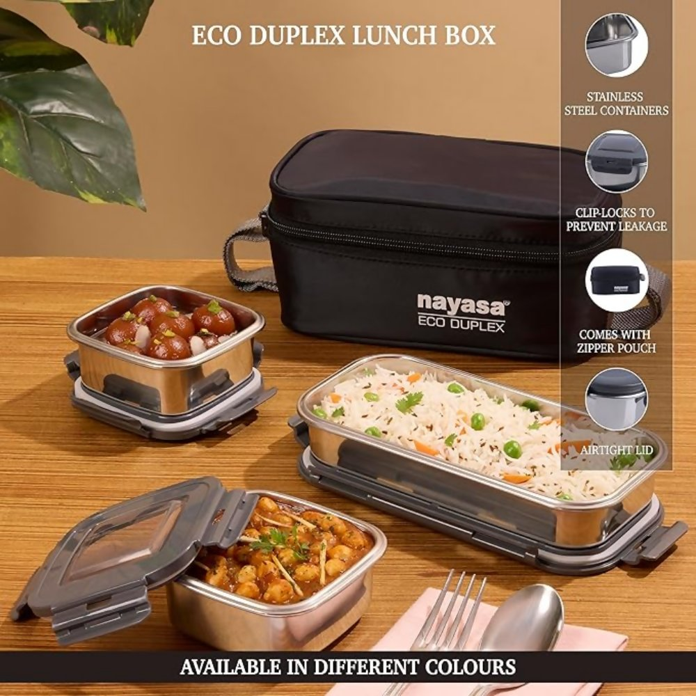 Nayasa Eco Duplex 3 Stainless Steel Office Lunch Box Set with Soft Insulated Bag | Grocsy