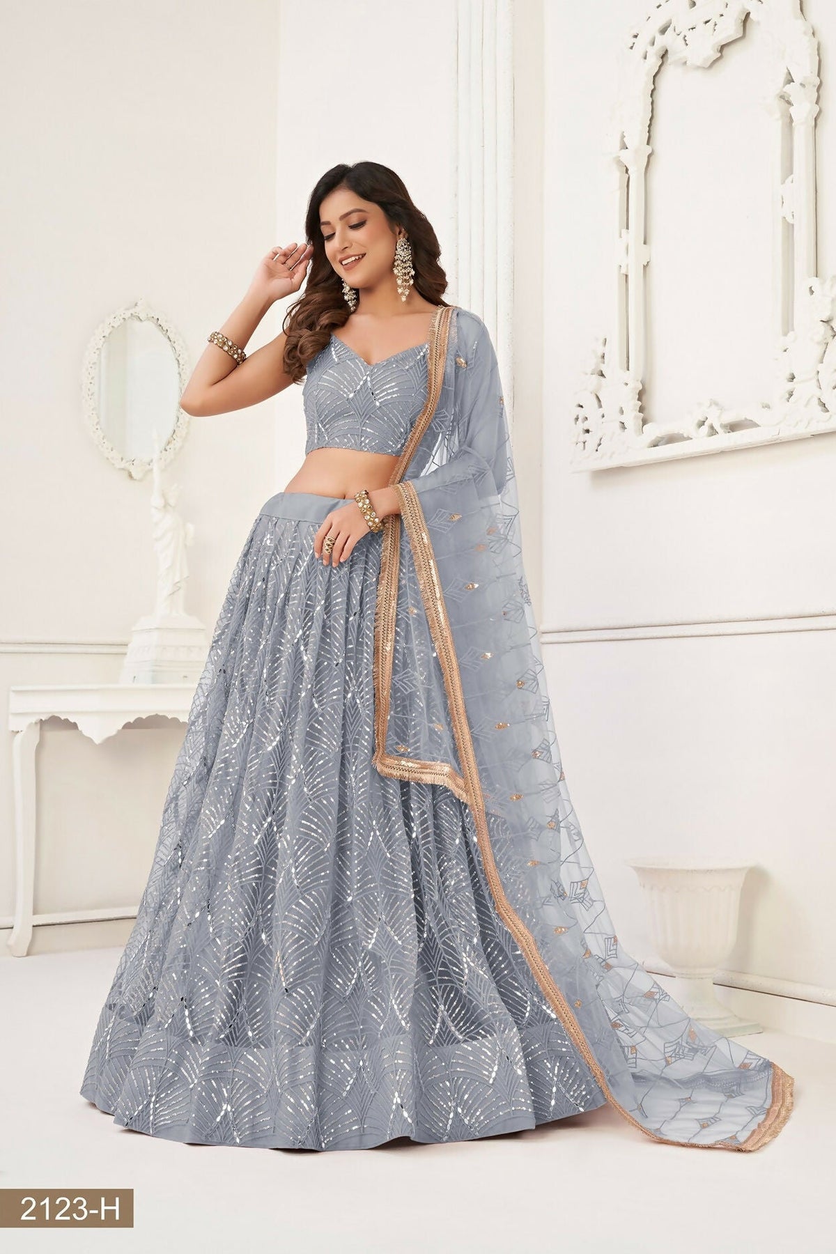 Eilara Glamorous Light Grey Net With Sequins And Thread Embroidery Real Mirror Work Lehenga Choli For Wedding | Grocsy
