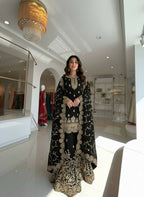 Teeya Creation Black Pure Silk Gimmy Silk Heavy Embroidery Work Wedding Wear Palazzo Pair | Grocsy