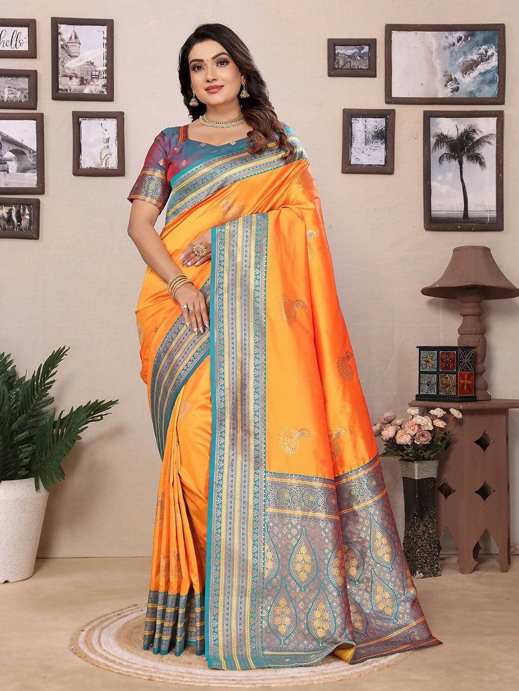 Joban Fashion Banarasi Orange Small Butti Soft Silk Saree | Grocsy