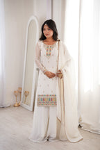 Lorenvalley Fashion White Crunchy Silk with Embroidery Sequence, Dori, Jari Work Kurta Palazzo with Dupatta | Grocsy