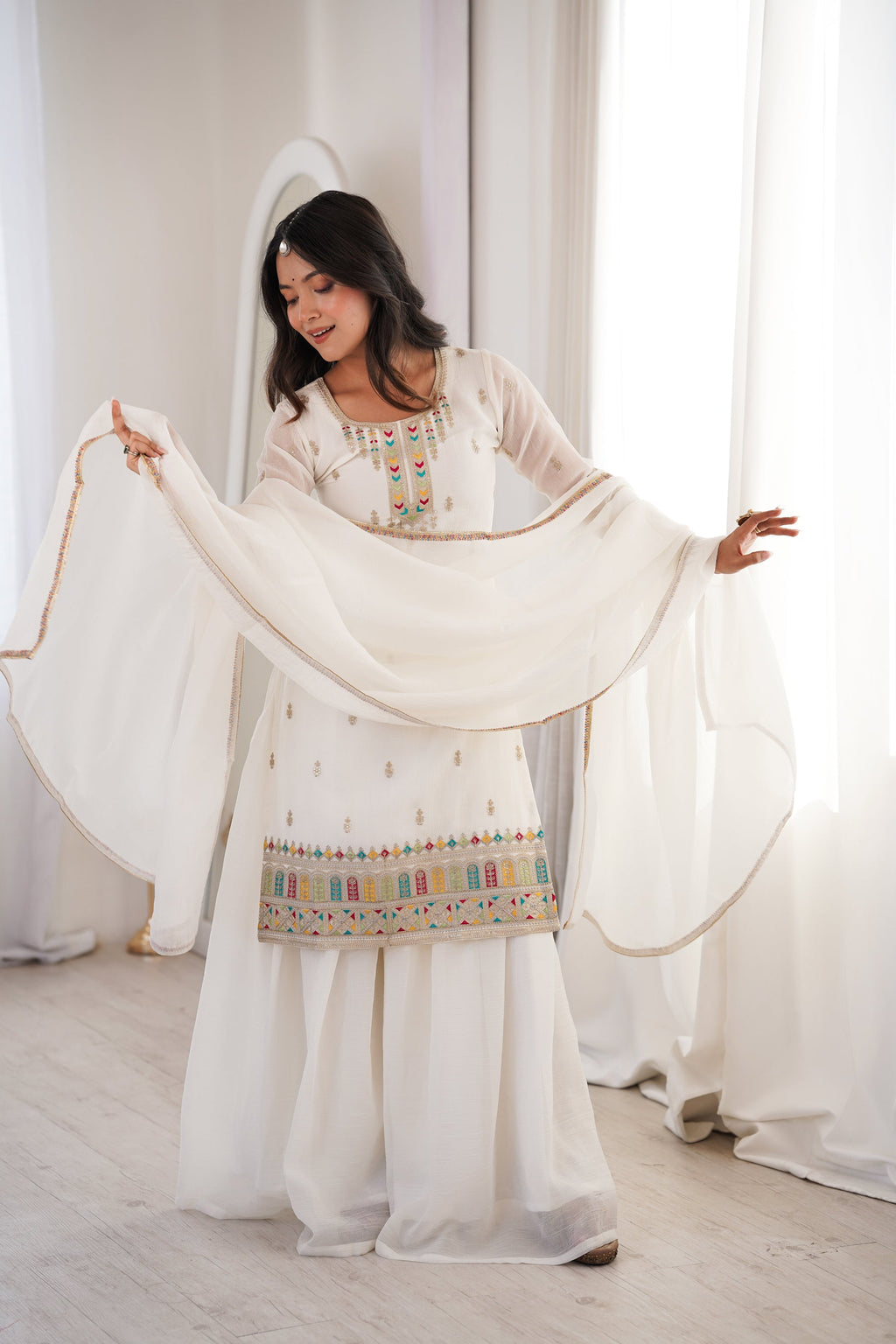 Lorenvalley Fashion White Crunchy Silk with Embroidery Sequence, Dori, Jari Work Kurta Palazzo with Dupatta | Grocsy