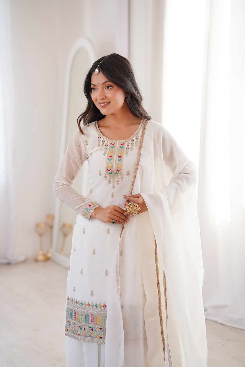 Lorenvalley Fashion White Crunchy Silk with Embroidery Sequence, Dori, Jari Work Kurta Palazzo with Dupatta | Grocsy